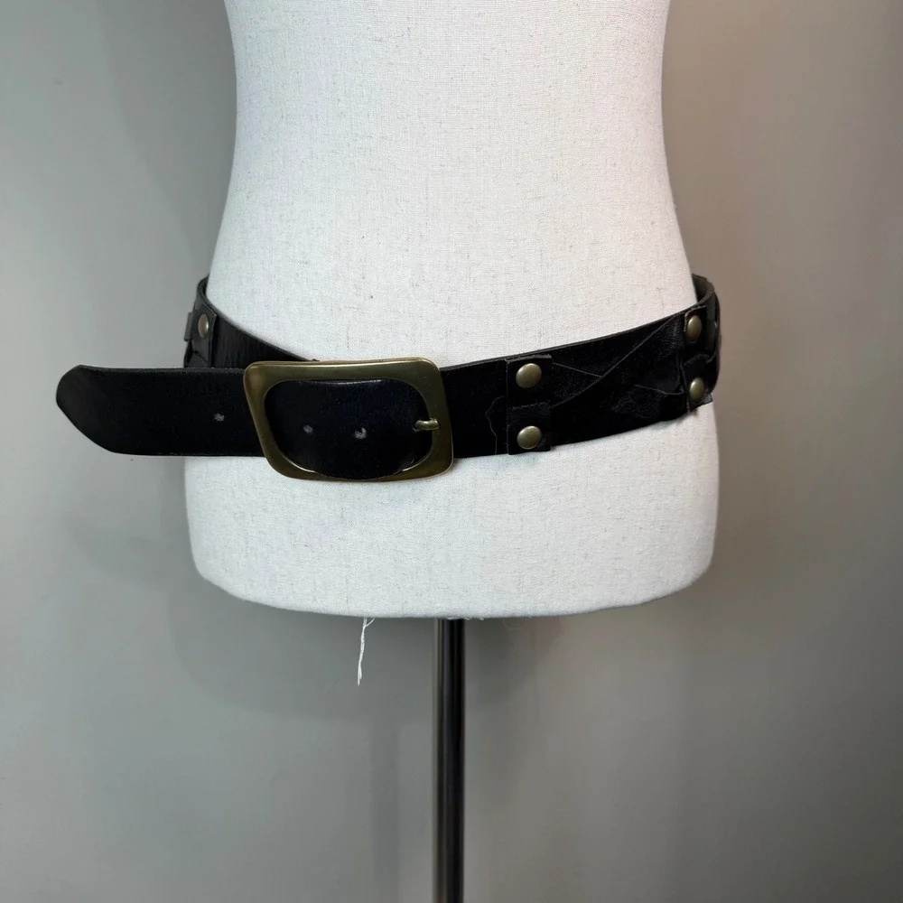 Linea Pelle Black Genuine Leather Stud Belt LPWD06508 Medium